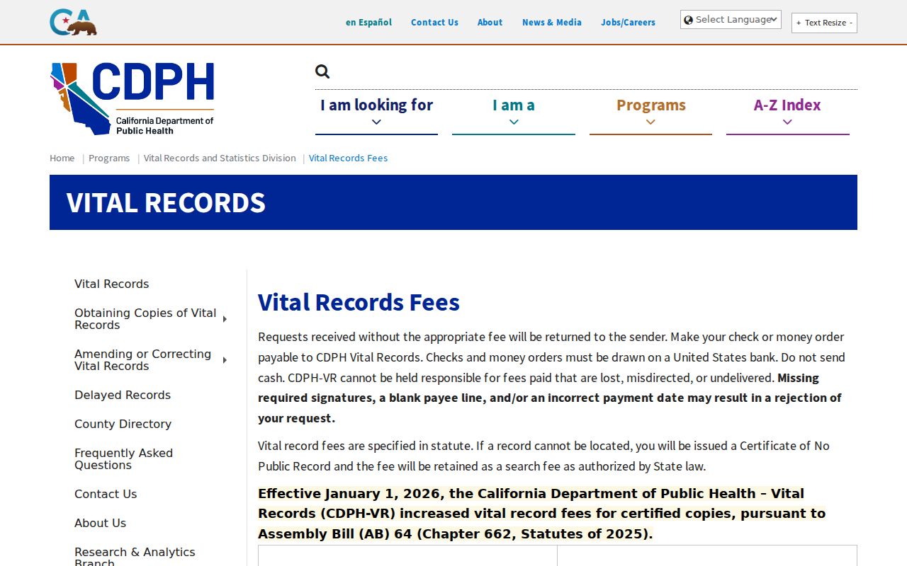 Windsor previous residents California vital record fees